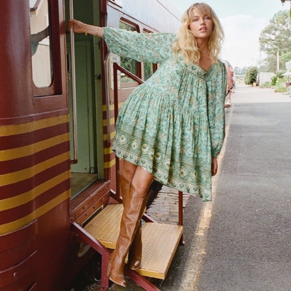 Spell Folk Song Tunic Dress Sage Green Floral Mini Small